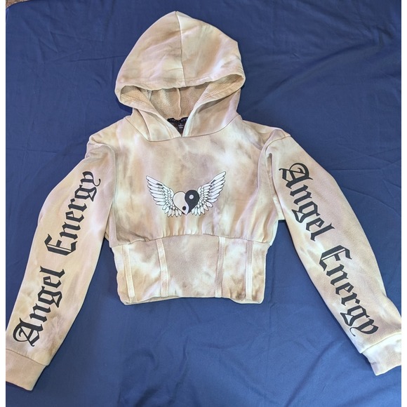 Faded Rose Ying Yang Heart Cropped Hoodie Tie Dye Angel Energy Gothic Women's - Picture 4 of 10